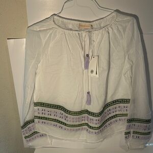 Tory Burch White Blouse with Green and Purple Embroidery